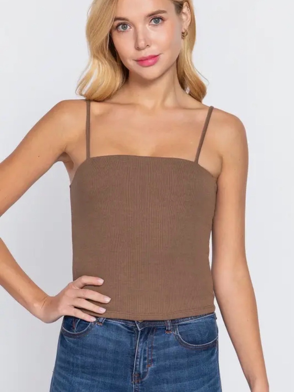 Brown Ribbed Square-Neck Cami Top - Picture 1 of 2